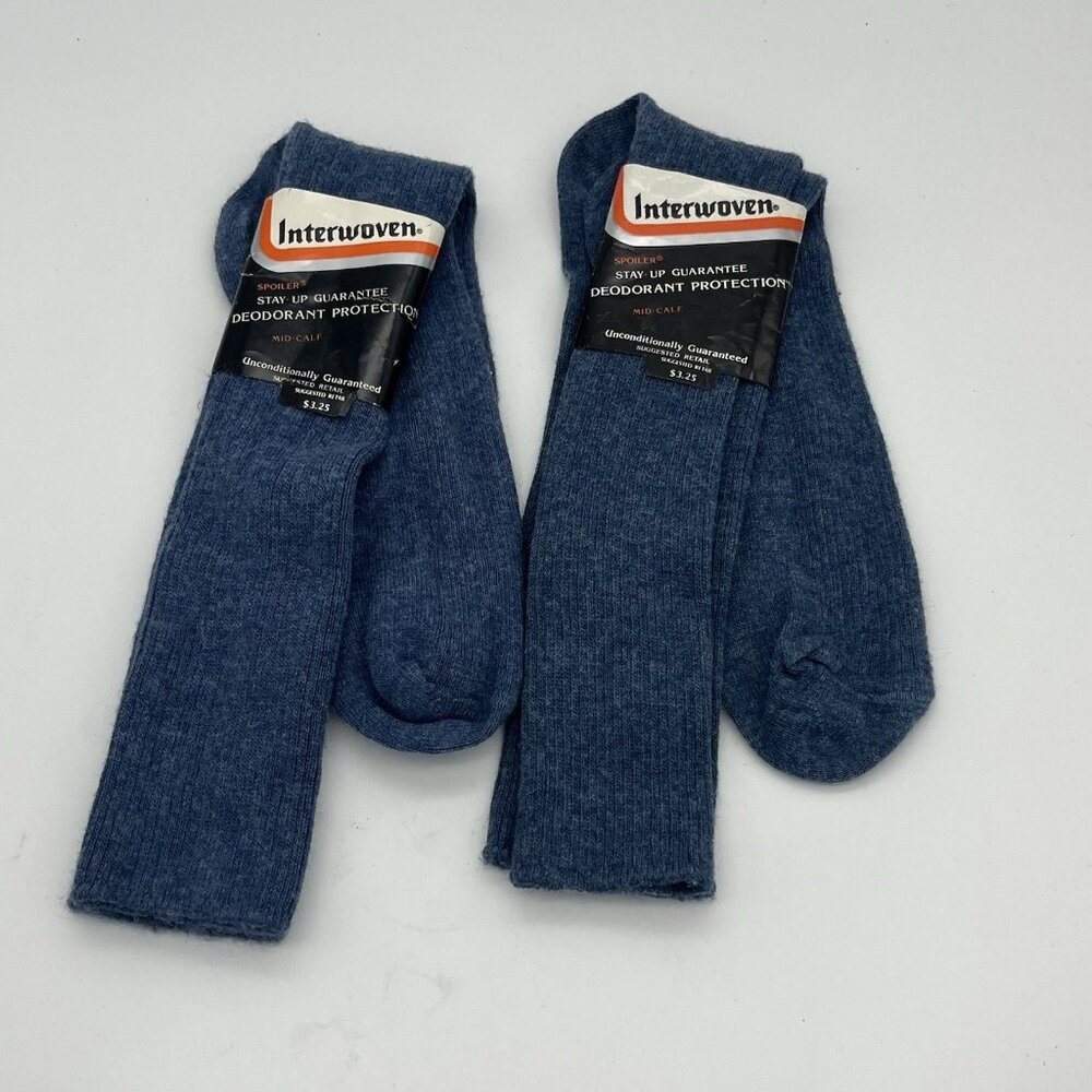 Vintage Interwoven Spoiler Mid Calf Socks Blue Men's 10-13 Acrylic Nylon 2pr NEW